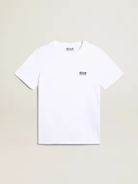 White T-shirt with contrasting black logo on the front