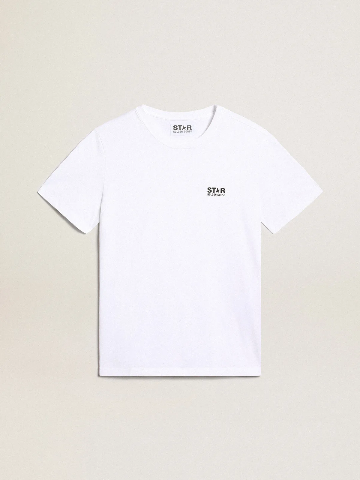 White T-shirt with contrasting black logo on the front